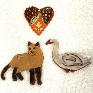 Pennsylvania Redware Handmade Pottery Christmas Ornaments Goose, Cat - Loercher
